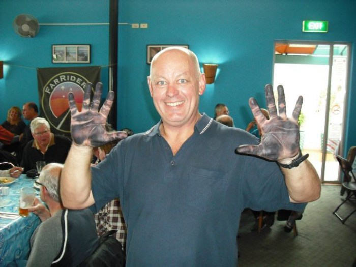 Road Bandit after his gloves leached their colour after all the rain