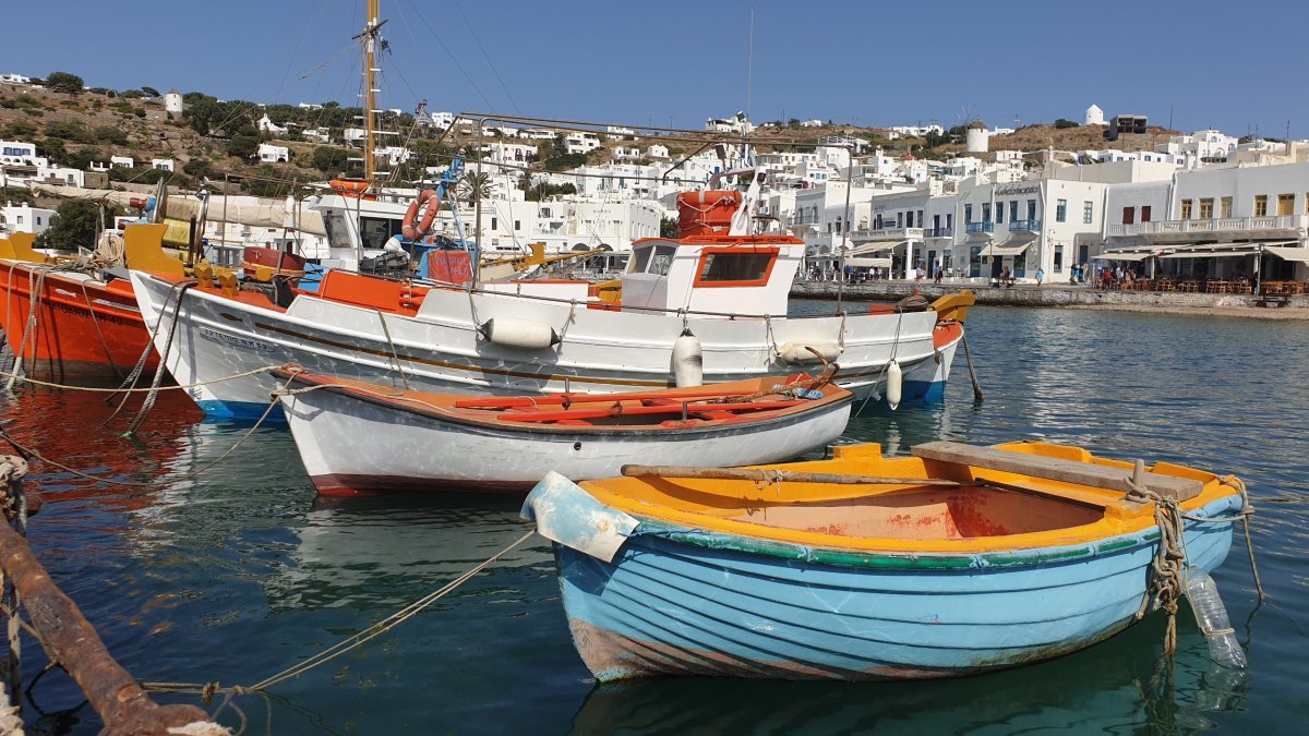 Small boats in Mykonos harbour